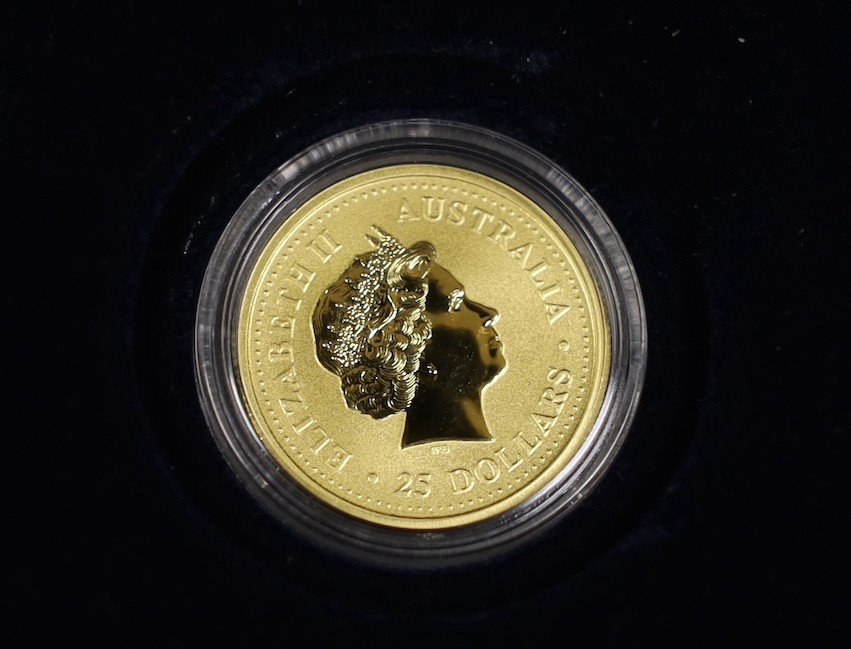 A cased Westminster Mint 2002 Australian 1/4 oz gold kangaroo nugget $25